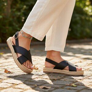 NEW Loft 7.5 Black Platform Espadrille Sandals Strappy 7 1/2 Boho Coastal Edgy